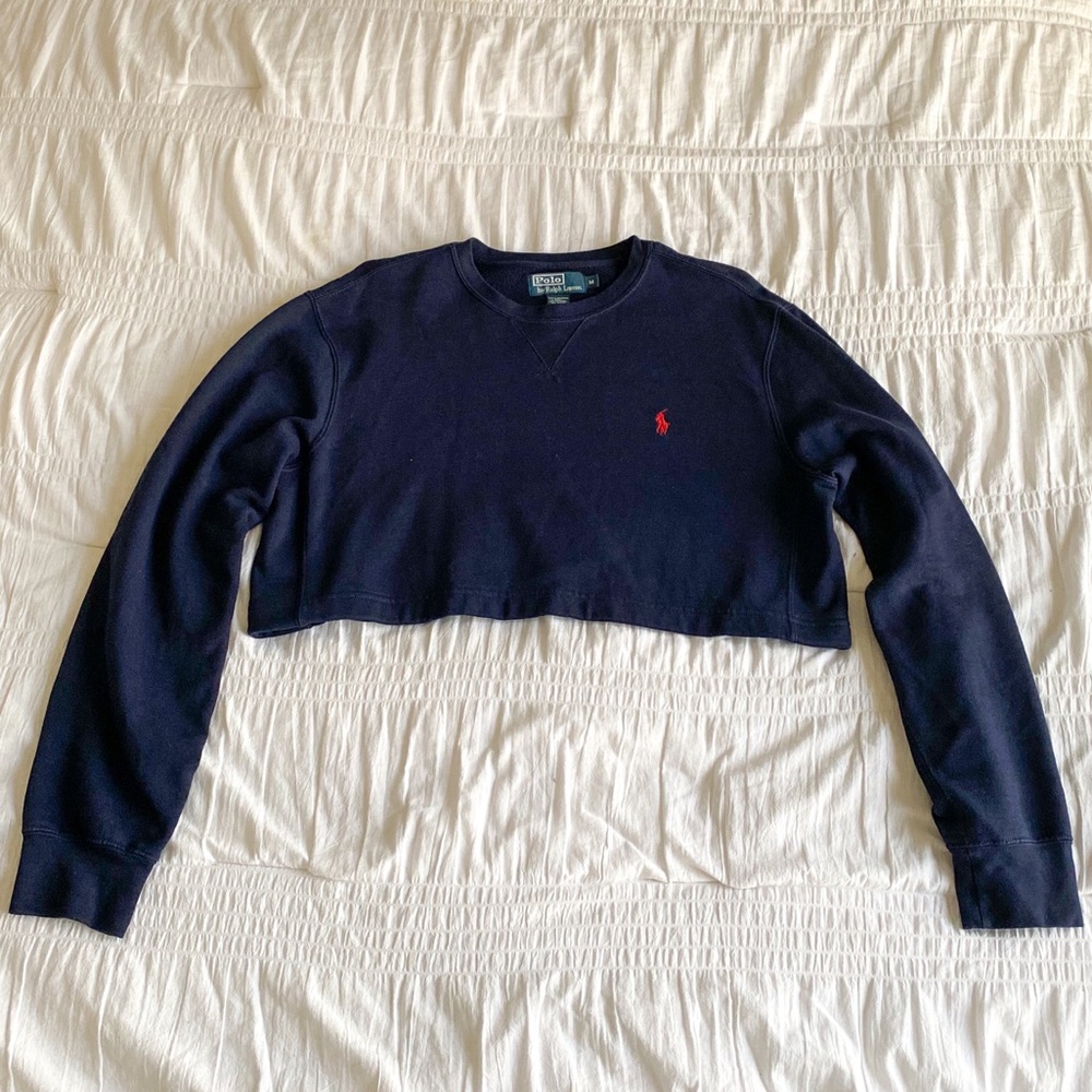 VINTAGE POLO RALPH LAUREN Navy Blue Cropped Crewneck Sweatshirt Women’s Medium